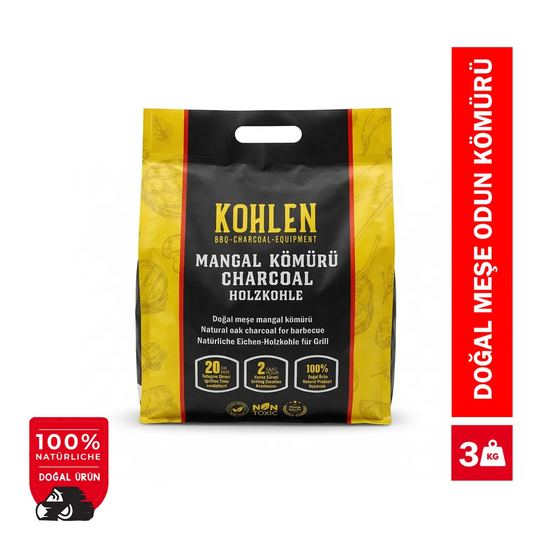 KOHLEN Naturholz 3 KG Doğal Meşe BBQ Mangal Kömürü | Temiz Dolum | Net Kilo Garantisi | Özel FB Paket